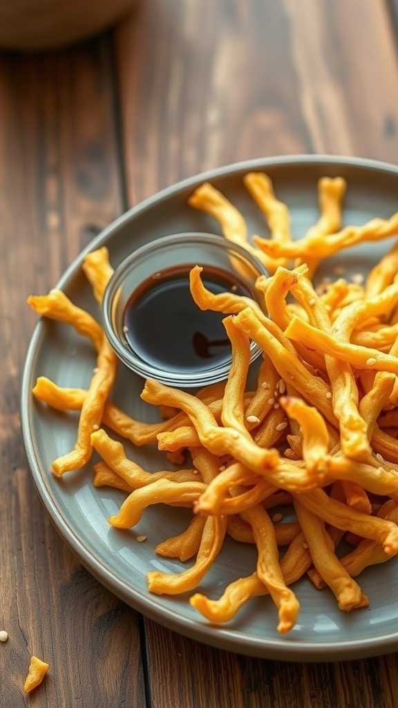 Crispy enoki mushrooms served with soy sauce on a wooden table.